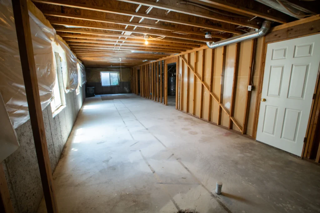 Unfinished basement interior with exposed ceiling framing.